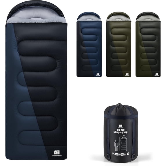 XXL Blue Rectangular All-Season Winter Sleeping Bag with Compression Sack, 46–70 ° F Temperature Rating, for Camping, Hiking, and Backpacking