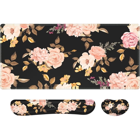 XXL Desk Mat Large, Floral Mouse Pad with Wrist Rest, Keyboard Wrist Rest, 3 in1 Desk Pad Matt Set, Gaming Mousepad with Wrist Support, Computer Mat for Desktop Office Women Laptop,Black Pink