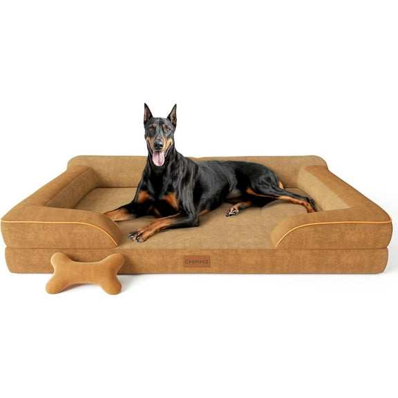 XXL Dog Bed for Extra Large Dogs, Giant Dog Bed with Cooling Gel Memory Foam, Waterproof Pet Bed with Removable Washable Cover, 53" Pet Sofa Bed Dutch Velvet with Bone Toy, Brown