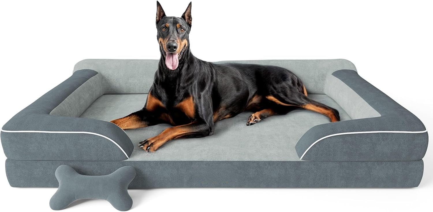 XXL Dog Bed for Extra Large Dogs, Giant Orthopedic Dog Bed with Cooling Gel Memory Foam, Waterproof Pet Bed with Removable Washable Cover, 53" Pet Sofa Bed Dutch Velvet with Bone Toy, Dark Grey