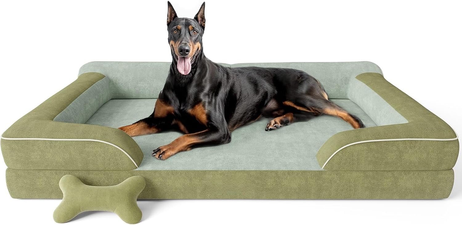 XXL Dog Bed for Extra Large Dogs, Giant Orthopedic Dog Bed with Cooling Gel Memory Foam, Waterproof Pet Bed with Removable Washable Cover, 53" Pet Sofa Bed Dutch Velvet with Bone Toy, Dark Green