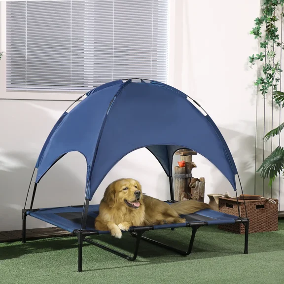XXL Dog Cot Cooling Pet Bed Foldable with Canopy & 210D Oxford Travel Bag Dark Blue and Black