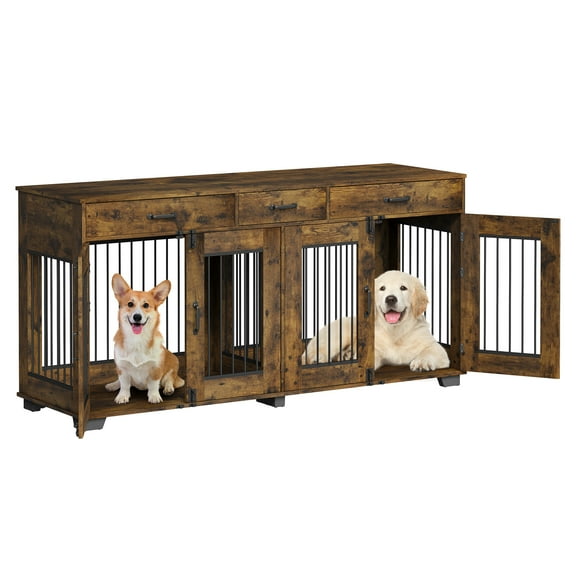 XXL Dog Crate Furniture for 2 Large or Medium Dogs – 71'' Heavy-duty Wooden Double Kennel with Removable Divider. 3 Storage Drawers. TV Stand & End Table. Classic Brown