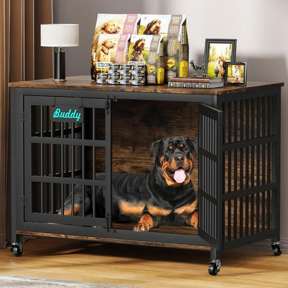 POAO 46.06"L Wooden Dog Crate Furniture,Double Doors Kennel Indoor with Name Tag,Sturdy Metal Dog Cage for Anxiety Dog for Decoration,Brown