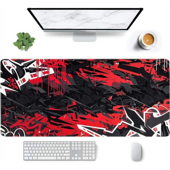 XXL Extended Anime Mouse Pad Red and Black Gaming Desk Pads Rectangle Office Desktop Mouse Mat Large Stitched Edges Mousepad with Non-Slip Rubber Base(Size:35.4x15.7in)