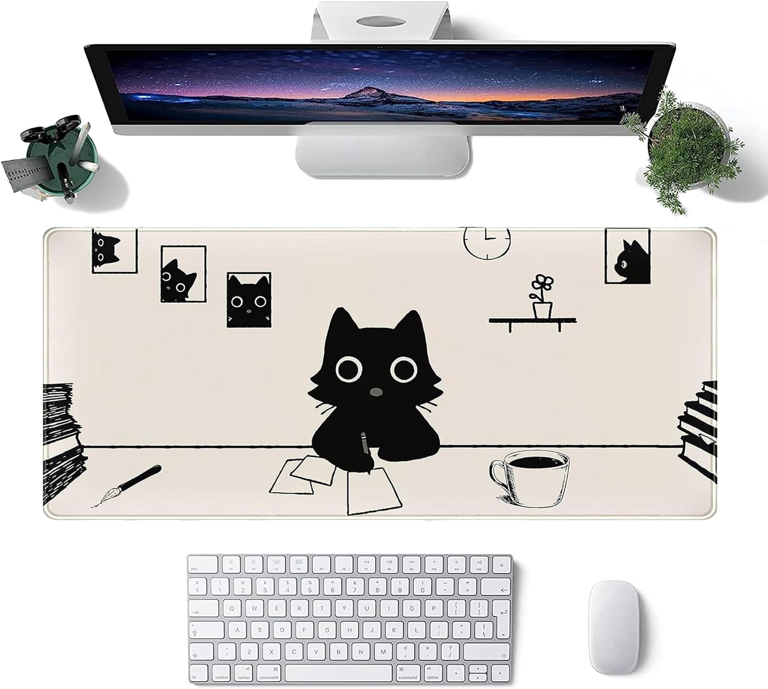 XXL Extended Black Cartoon Cat Mouse Pad Beige Large Minimalist Mousepad Anime Kawaii Big Office Gaming Desk Pads Laptop Keyboard Non-Slip Rubber Mouse Mat(Size:35.4x15.7in)