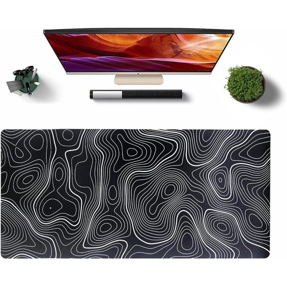 XXL Extended Black Gaming Mouse Pad with Stitched Edges Minimalist Topographic Map Desk Pads Large Contour Lines Mousepad Non-Slip Rubber Office Mouse Mat(Size:35.4x15.7in)