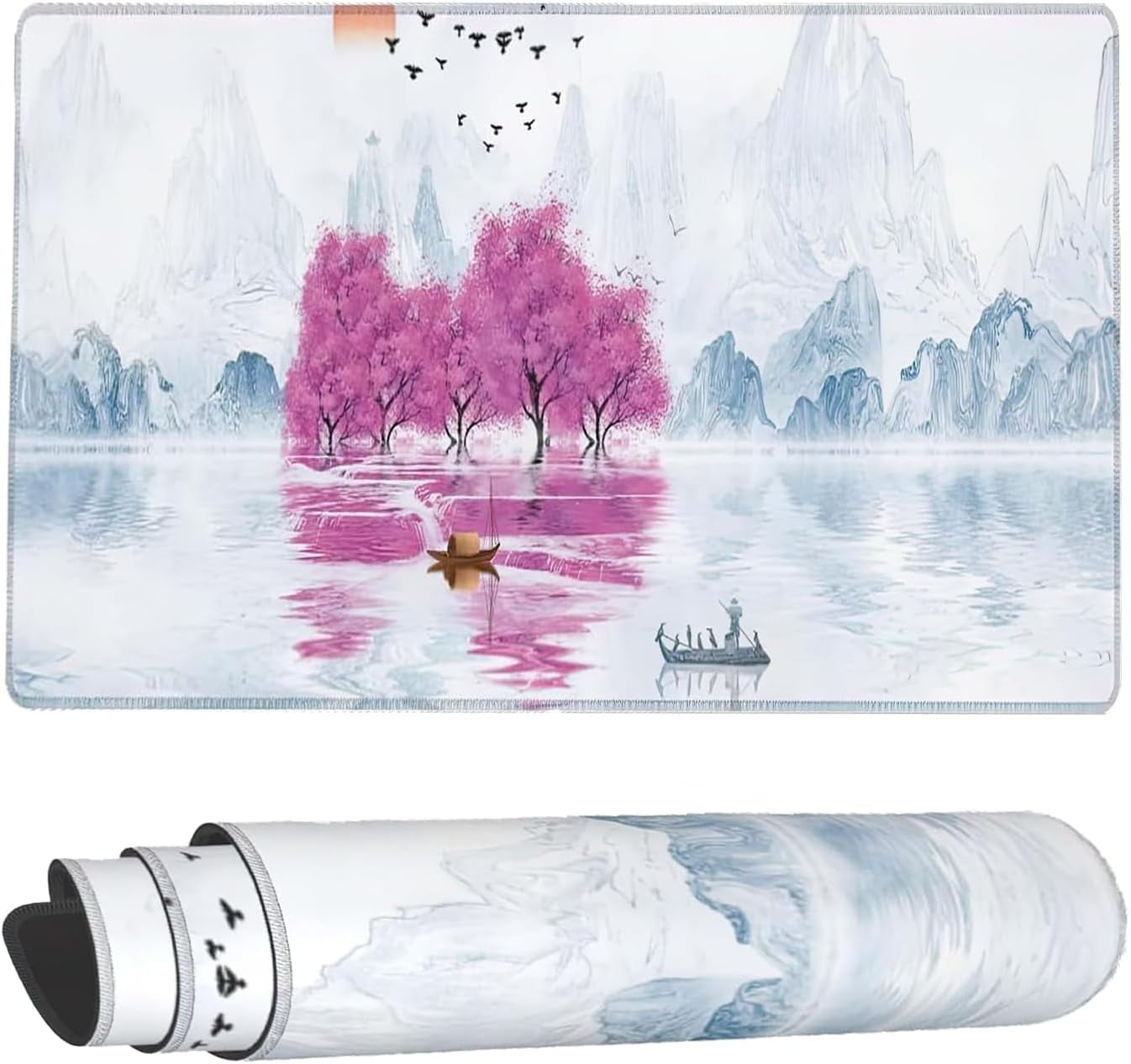 XXL Extended Cherry Blossom Mouse Pad Landscape Large Gaming Mousepad Japanese Stitched Edges Office Desk Pads Non-Slip Rubber Base Rectangular Mouse Mat(Size:35.4x15.7in)