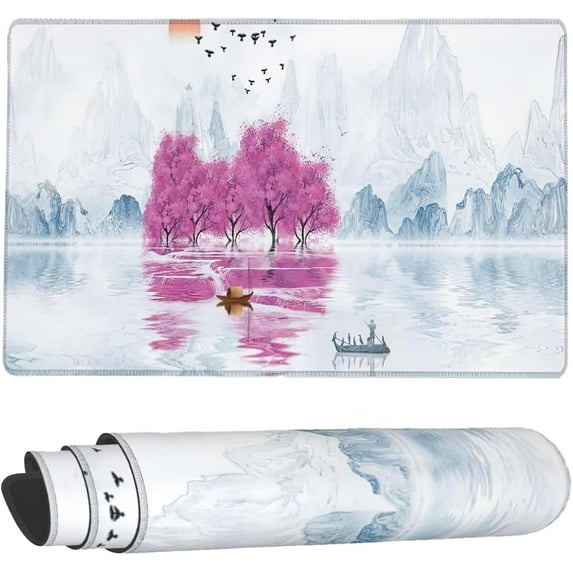 XXL Extended Cherry Blossom Mouse Pad Landscape Large Gaming Mousepad Japanese Stitched Edges Office Desk Pads Non-Slip Rubber Base Rectangular Mouse Mat(Size:35.4x15.7in)