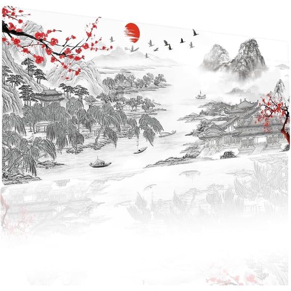 XXL Extended Cherry Blossom Mouse Pad Large Japanese Gaming Mousepad Waterproof Office Desktop Mouse Mat Non-Slip Rubber Base Stitched Edges Desk Pads(Size:35.4x15.7in)