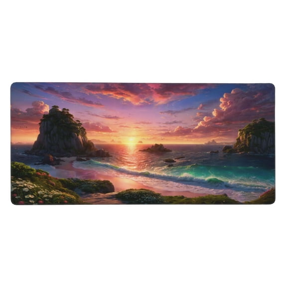 Heluo.Zu XXL Gaming Mouse Pad 35.4x15.7 inch,Quiet Ocean Sea Landscape Theme Desk Mat,Large  Rock Wave Sunset Scene Mousepad