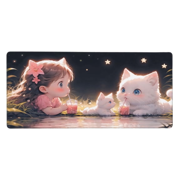 Heluo.Zu XXL Gaming Mouse Pad 35.4x15.7 inch, Kawaii Juice Cat Anime Theme Desk Mat, Pink Cute Girly Scene Large Mousepad,Fantasy Artistic Keyboard Mouse Mat