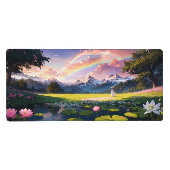 Heluo.Zu XXL Gaming Mouse Pad 35.4x15.7 inch, Beautiful Lotus Rainbow Landscape Theme Desk Mat, Mountain Flower Elegant Girly Scene Large Mousepad,Fantasy Artistic Keyboard Mouse Mat