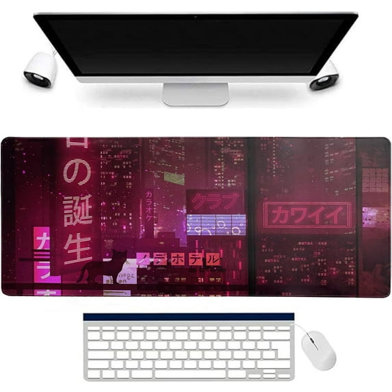 XXL Extended Gaming Mouse Pad Red Neon Sign Large Desk Pads City Computer Mousepad Office Keyboard Non-Slip Rubber Base Mouse Mat with Stitched Edges(Size:35.4x15.7in)