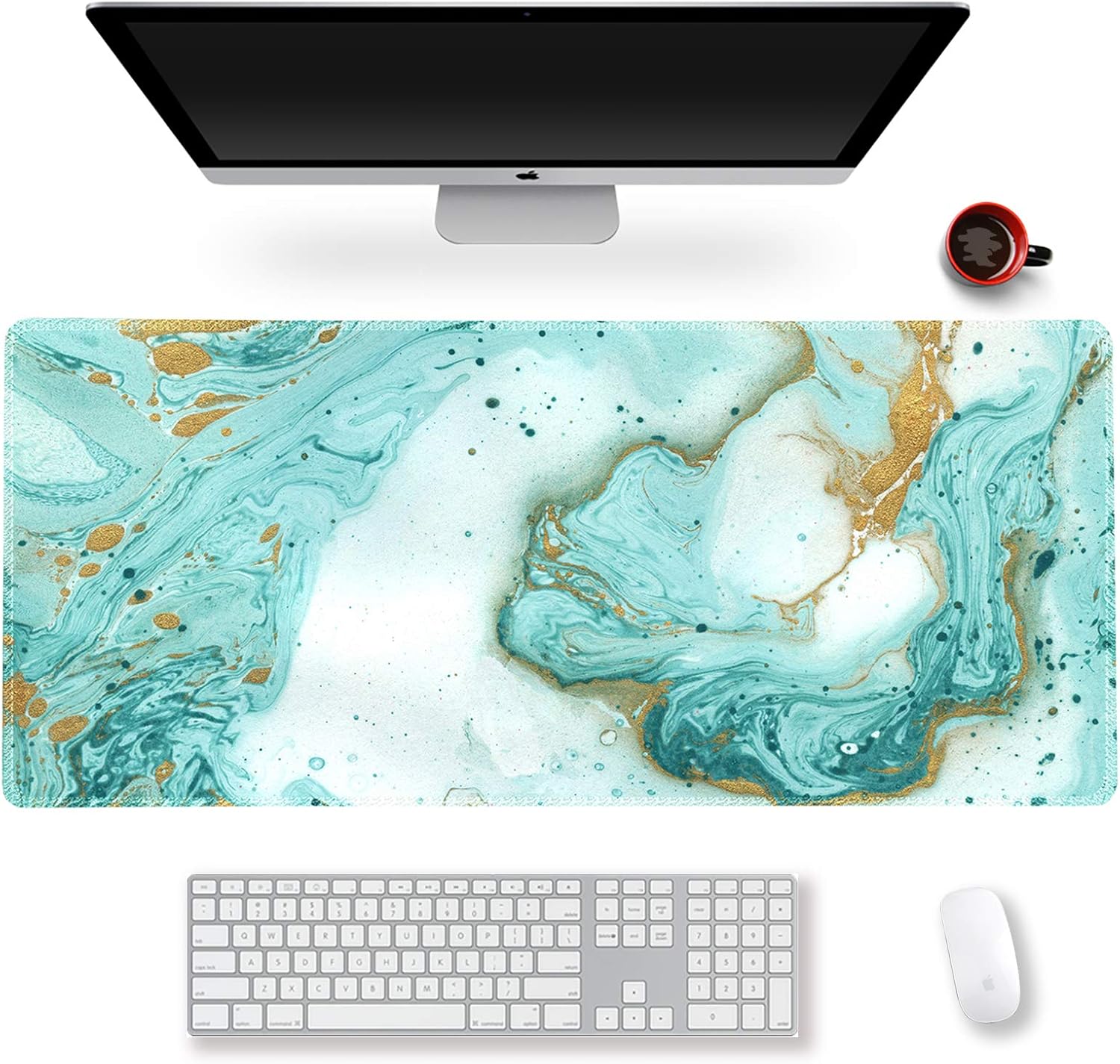 XXL Extended Gaming Mouse Pad - Teal Turquoise Marble Large Keyboard Mat, Non-Slip Rubber Base, Stitched Edges, Perfect for Work, Game, Office, Home, 35.1x15.7 Inch