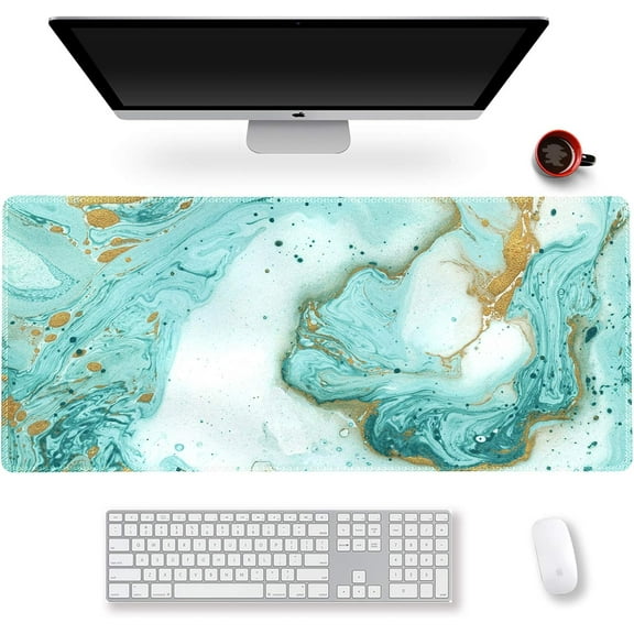 XXL Extended Gaming Mouse Pad - Teal Turquoise Marble Large Keyboard Mat, Non-Slip Rubber Base, Stitched Edges, Perfect for Work, Game, Office, Home, 35.1x15.7 Inch