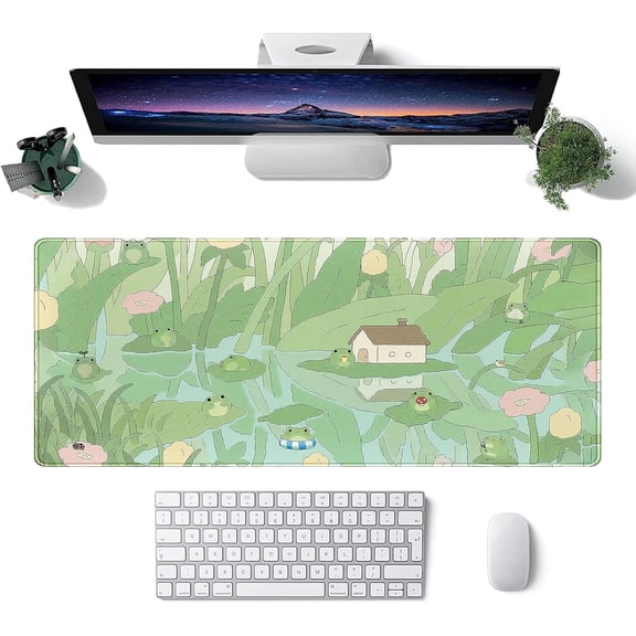 XXL Extended Green Kawaii Mouse Pad Cute Frog Large Stitched Edges Gaming Mousepad Cartoon Lotus Pond Mouse Mat Non-Slip Rubber Base Office Desk Pads(Size:35.4x15.7in)