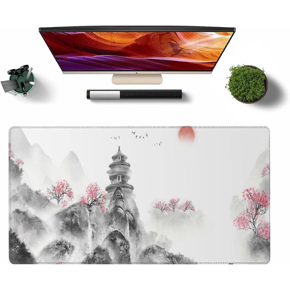XXL Extended Mountains Mouse Pad Large Cherry Blossoms Gaming Mouse Mat Rectangle Non-Slip Rubber Base Desk Pads White Japanese Stitched Edges Mousepad (Size:35.4x15.7in)
