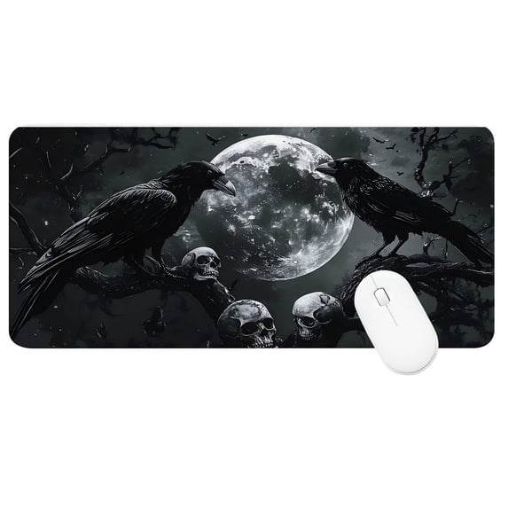 XXL Extended Mouse Pad 35.4x15.7", Gothic Ravens and Skulls Gaming Desk Mat, Non-Slip Base Computer Keyboard Pad