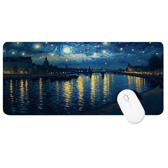XXL Extended Mouse Pad 35.4x15.7", Starry Night over the River Gaming Desk Mat, Non-Slip Base Computer Keyboard Pad