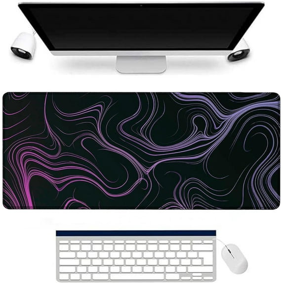 XXL Extended Purple Contour Lines Gaming Mouse Pad Large Minimalism Topographic Map Desk Pads Stitched Edges Laptop Mouse Mat Black Office Keyboard Mousepad(Size:31.5x11.8in)