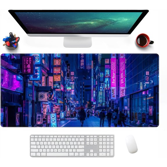 XXL Extended Purple Gaming Mouse Pad Stitched Edges City Mousepad Street View Desktop Mouse Mat with Non-Slip Rubber Base Large Laptop Keyboard Desk Pads(Size:31.5x11.8in)