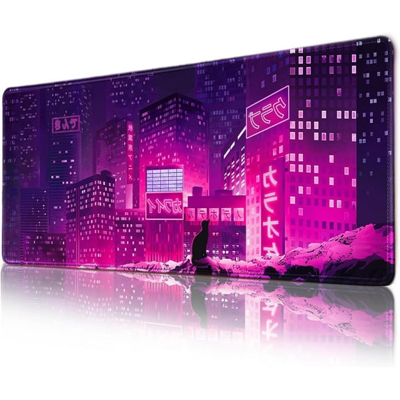 XXL Extended Purple Mouse Pad Japanese Anime Gaming Desk Pads City Night View Large Desktop Mouse Mat Rectangle Keyboard Mousepad with Non-Slip Base(Size:35.4x15.7in)