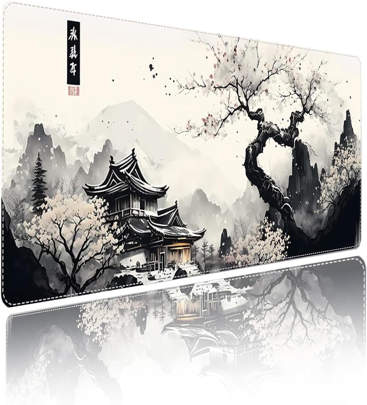 XXL Extended White Mouse Pad Japanese Cherry Blossom Desk Pads Mountains Large Gaming Office Long Mousepad Non-Slip Rubber Base Mouse Mat for Home Office(Size:35.4x15.7in)