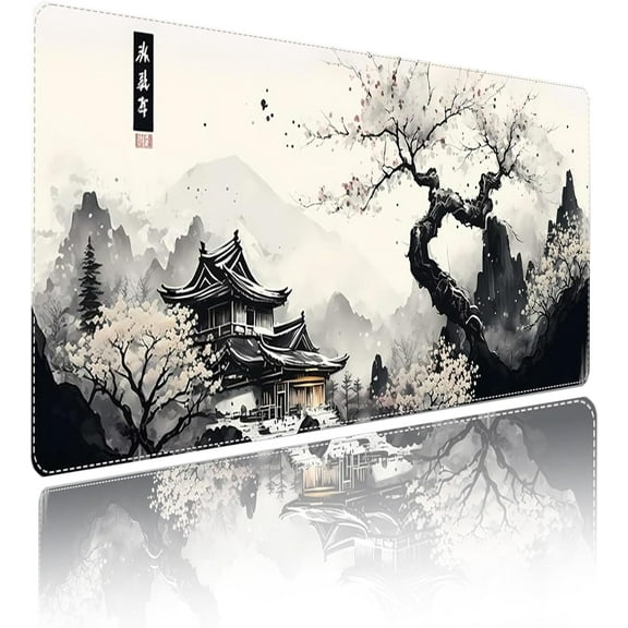 XXL Extended White Mouse Pad Japanese Cherry Blossom Desk Pads Mountains Large Gaming Office Long Mousepad Non-Slip Rubber Base Mouse Mat for Home Office(Size:35.4x15.7in)
