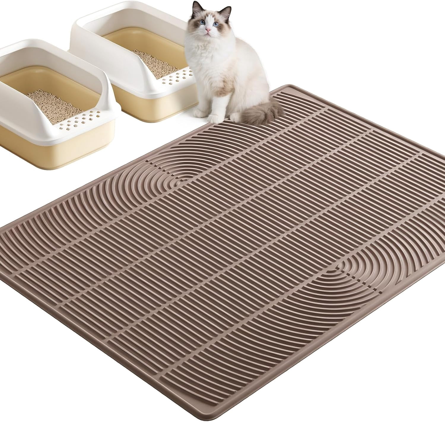 XXL Extra Large Cat Litter Mat, Silicone Litter Box Mat for Floor, Waterproof & Non-Slip, Easy to Clean, Cat Litter Trapping Mat & Kitty Litter Catcher for Scatter Control (Brown)