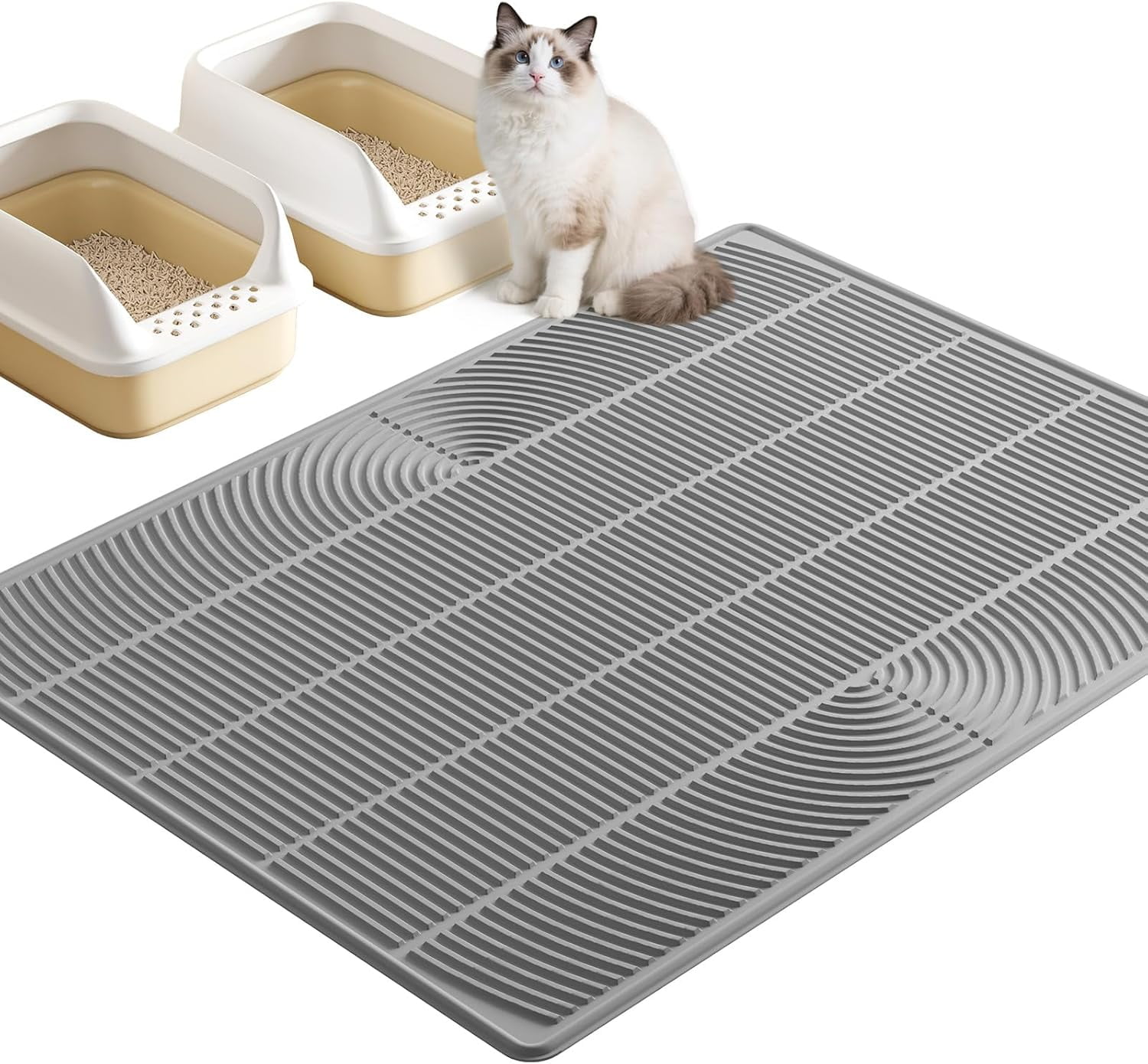 XXL Extra Large Cat Litter Mat, Silicone Litter Box Mat for Floor, Waterproof & Non-Slip, Easy to Clean, Cat Litter Trapping Mat & Kitty Litter Catcher for Scatter Control (Gray)