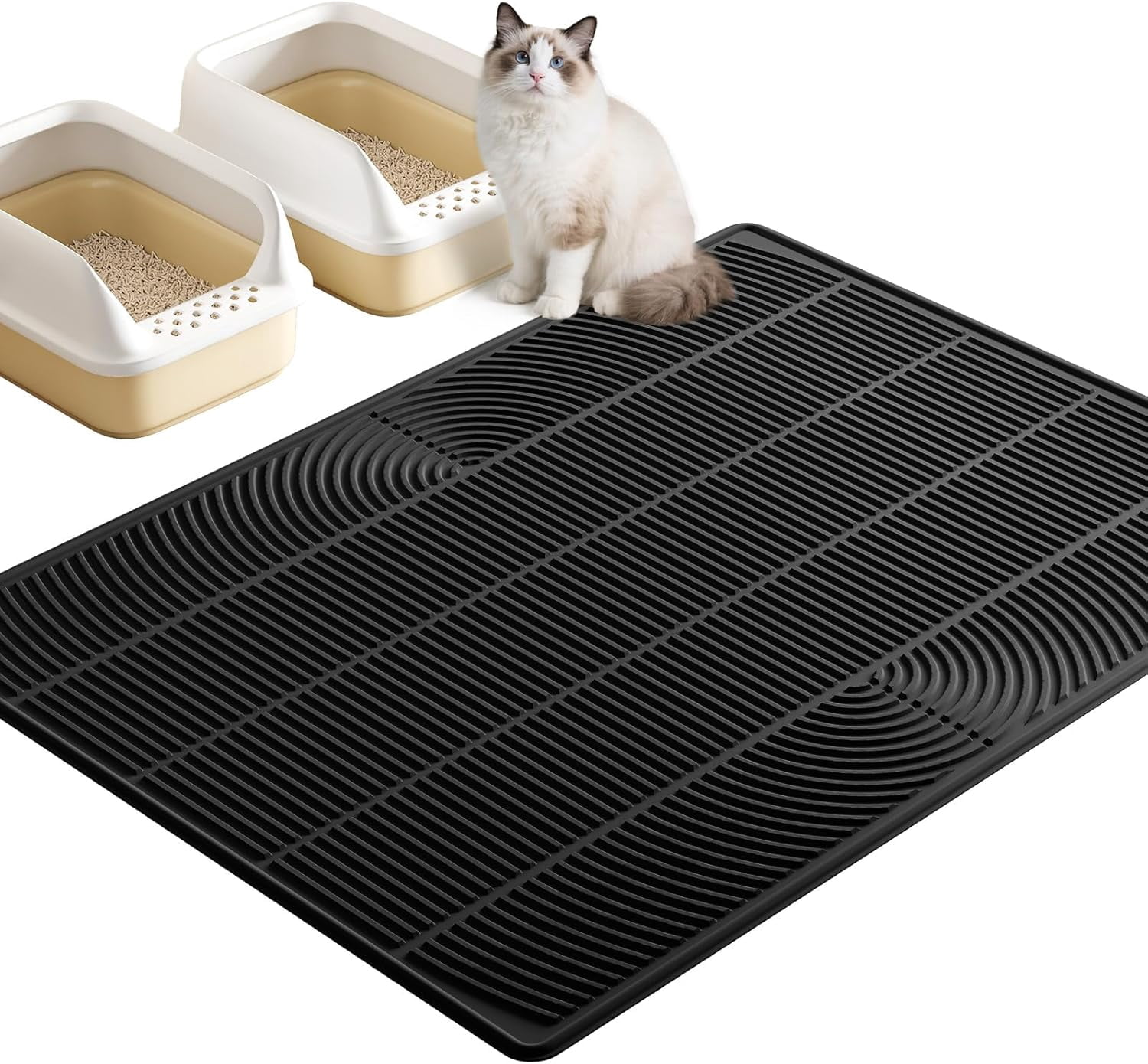 XXL Extra Large Cat Litter Mat, Silicone Litter Box Mat for Floor, Waterproof & Non-Slip, Easy to Clean, Cat Litter Trapping Mat & Kitty Litter Catcher for Scatter Control (Black)