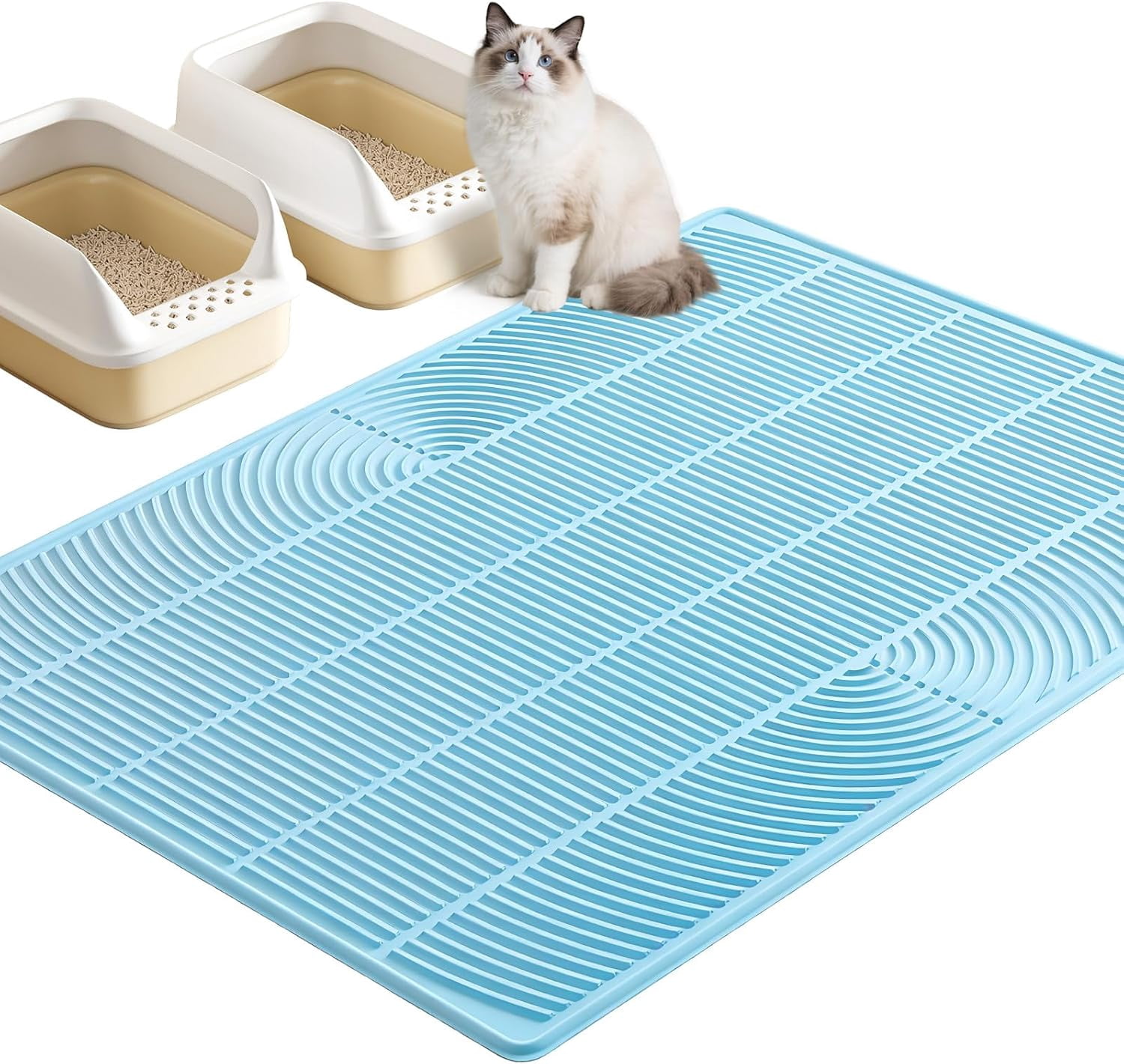 XXL Extra Large Cat Litter Mat, Silicone Litter Box Mat for Floor, Waterproof & Non-Slip, Easy to Clean, Cat Litter Trapping Mat & Kitty Litter Catcher for Scatter Control (Blue)