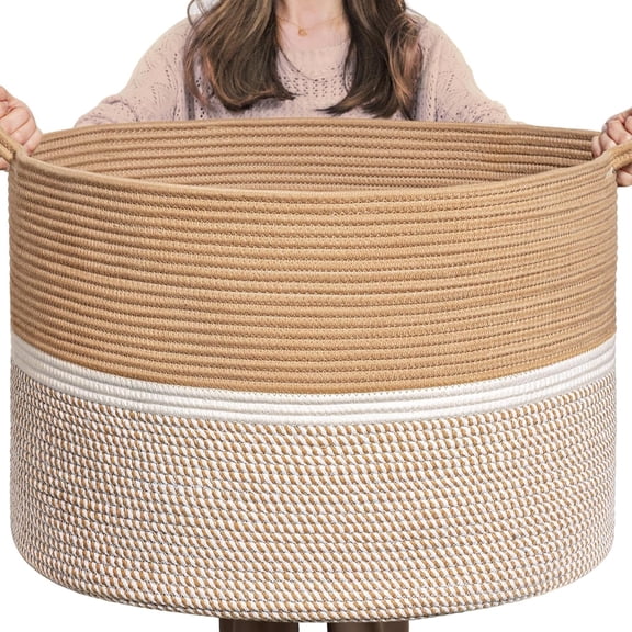 XXL Extra Large Cotton Rope Woven Basket with Handles, Throw Blanket Storage Basket, Decorative Clothes Hamper - 22" x 22" x 14", Brown&White