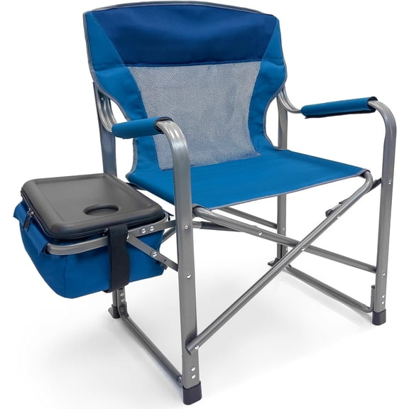 XXL Extra Wide Folding Director Chair – Supports 600lbs Weight - Heavy Duty for Camping, Home Patio and Sports - Portable and Collapsible with Side Table, Cooler and Carrying Bag - Blue