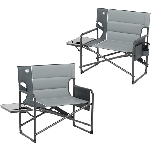 XXL Foldable Directors Chair with Side Table, Extra Wide Camping Chairs for Adults Heavy Duty Supports 500 lbs, Oversized Folding Lawn Chair for Picnic Beach Sports Fishing, Grey-2 Pack