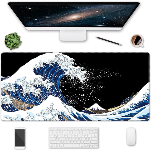 XXL Gaming Mouse Pad, 35.5x15.75 Non-Slip Large Desk Pad Mousepad with Stitched Edges Waterproof Keyboard Mouse Mat Desk Protector for Game, Office and Home, Sea Wave