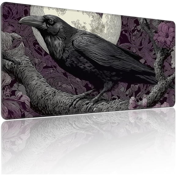XXL Gaming Mouse Pad, Gothic Raven Moon Design with Purple Floral, 35.4 x 15.7 Inches, Non-Slip Rubber Base, Waterproof Surface,A Keyboard and Mouse Accessory Suitable for Home Gaming and Work.