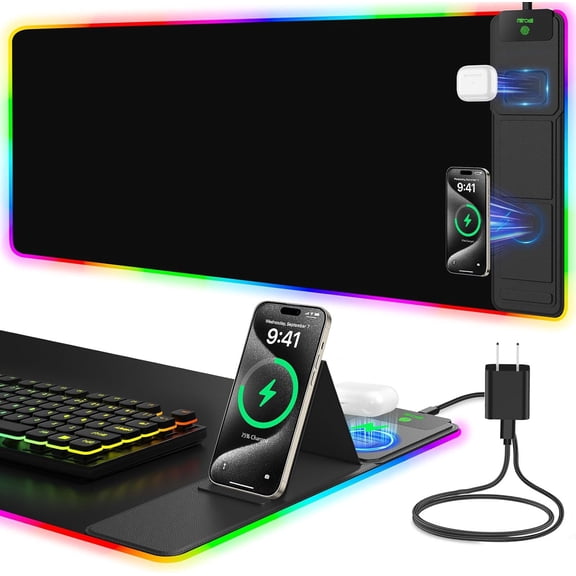XXL Gaming Mouse Pad with Foldable Phone Holder and Dual Qi Wireless Charging Station 31.5" x 15.75" Waterproof Desk Mat