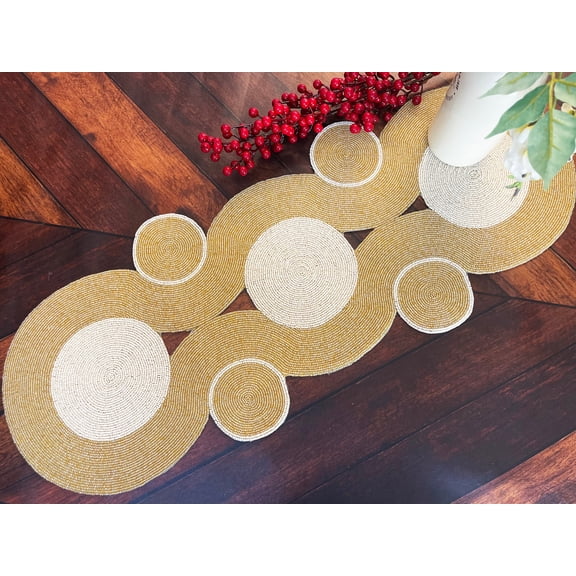 XXL Handmade table runner, beaded table runner, cream and gold bead runner, 13x70inch