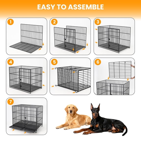 XXL Heavy Duty Indestructible Metal Dog Crate – Escape-Proof Kennel with 3 Doors, Removable Trays, Wheels, High Anxiety & Impact-Resistant Cage for Large Dogs