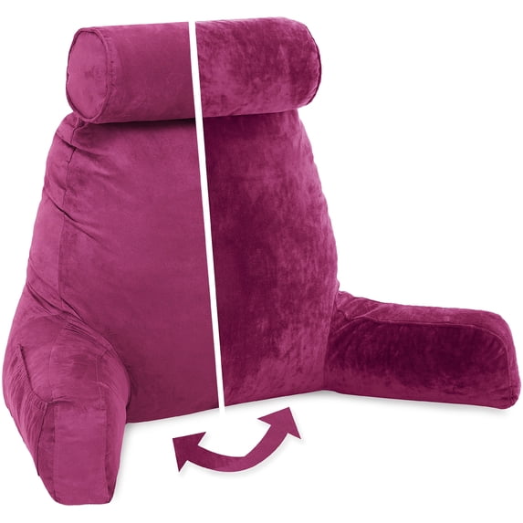 XXL Husband Pillow Aspen Edition - Big Reading & Bed Rest Pillow with Arms & Detach Neck Roll on Bungee Cord - Premium Memory Foam, Reversible 2 Sided Covers Micro Suede or Plush, Sliding Raspberry