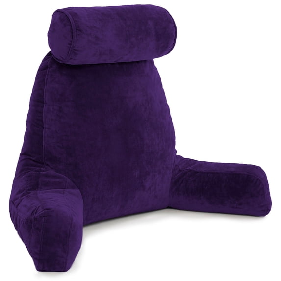 XXL Husband Pillow Purple Backrest with Arms - Reading Pillow with Shredded Memory Foam, Ultra-Comfy Removable Microplush Cover & Detachable Neck Roll - Unmatched Support Sit Up Pillow for Bed