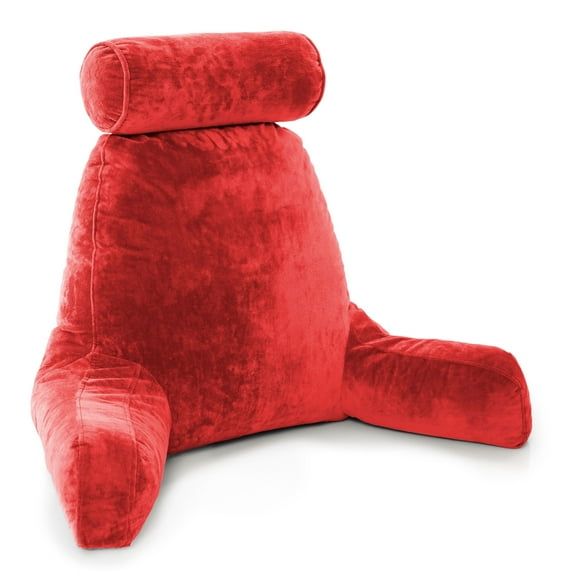 XXL Husband Pillow Red Backrest with Arms - Reading Pillow with Shredded Memory Foam, Ultra-Comfy Removable Microplush Cover & Detachable Neck Roll - Unmatched Support Sit Up Pillow for Bed