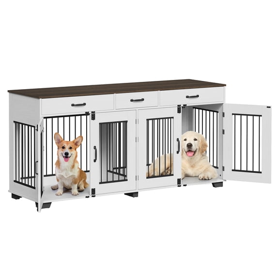 XXL Indoor Dog Kennel Furniture - Large Double Crate with Storage for 2 Dogs, Smoked Yellow Oak   Straight White Oak
