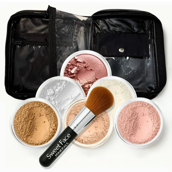 XXL KIT Brush & CASE (DEEP TAN) Full Size Mineral Makeup Set Bare Face Matte Powder Foundation Cover