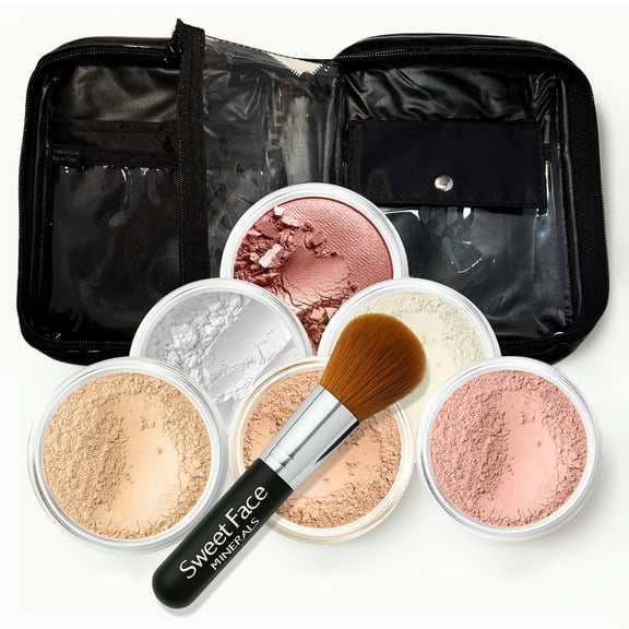 XXL KIT w/Brush & CASE (Warm Neutral Shade-Most Popular) Full Size Mineral Makeup Set Bare Skin Powder Foundation Cover