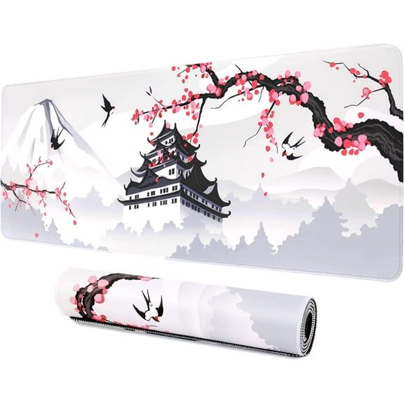 XXL Large Gaming Laptop Anime Mouse Pad,Japanese Cherry Blossom White Game pad, Big Desk Pads PC Keyboard Waterproof and Non-Slip 35.4 x 15.7 inches Rubber Table Mat (Cherry Blossom, 40cm x 90cm)