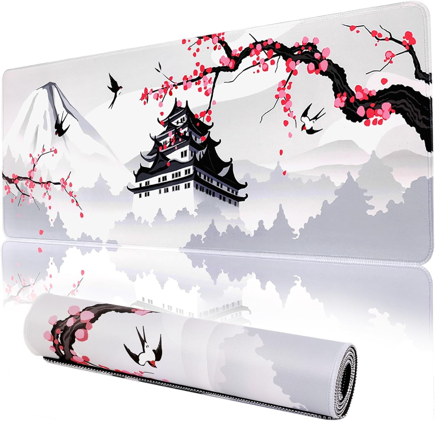 XXL Large Gaming Laptop Anime Mouse Pad,Japanese Cherry Blossom White Game pad, Big Desk Pads PC Keyboard Waterproof and Non-Slip 35.5 x 15.7 inches Rubber Table Mat (Cherry Blossom, 40cm x 90cm)