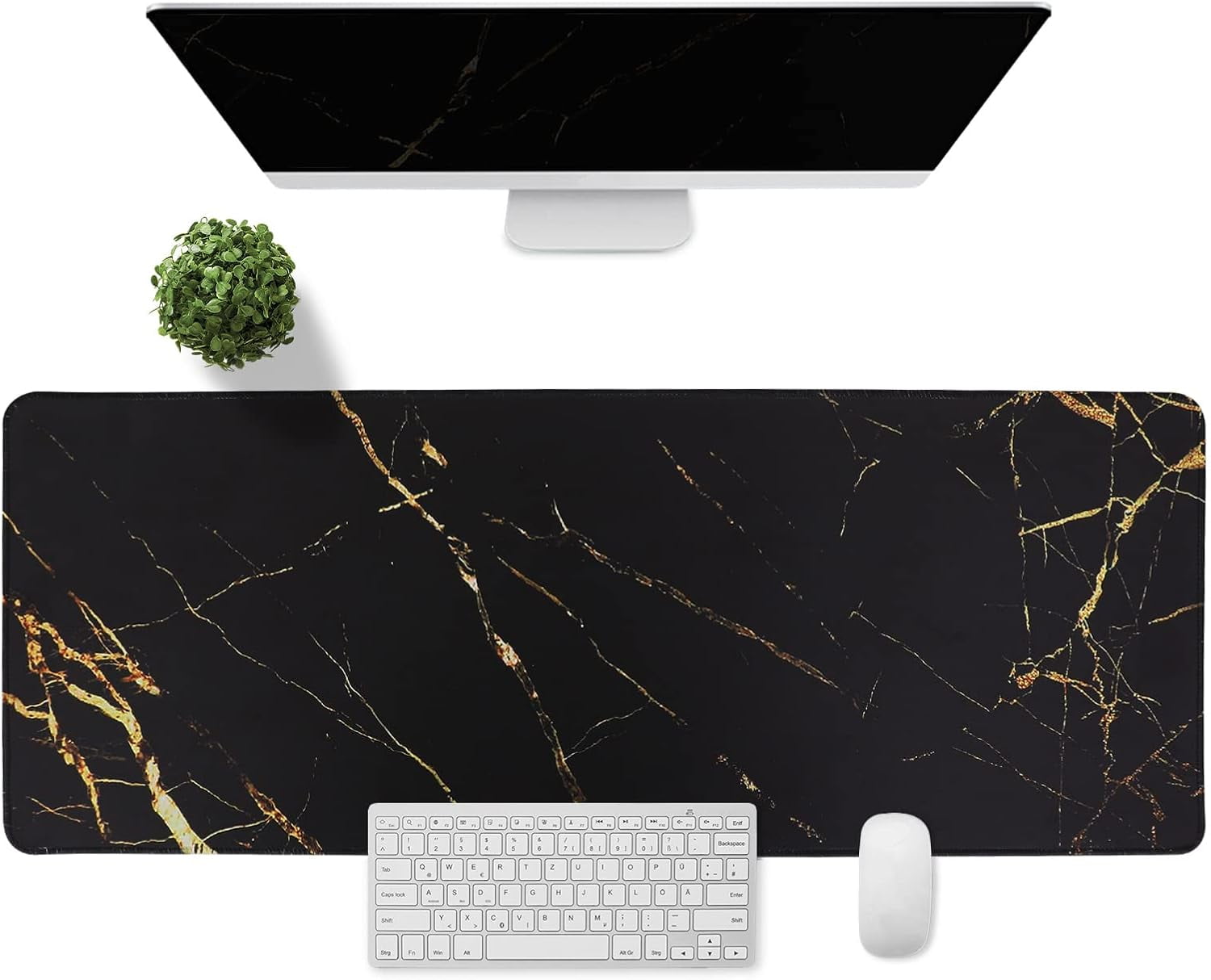 XXL Large Gaming Laptop Mouse Pad, Abstract Marble Big Desk Pads PC Keyboard Waterproof and Non-Slip 31.5 x 11.8inches 3mm Thick Rubber Table Mat,Gold Inlaid with Jade, Black Marble
